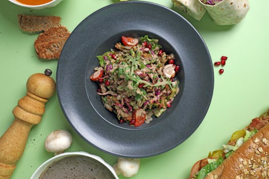 colorful plant-based bowl with grains and vegetables